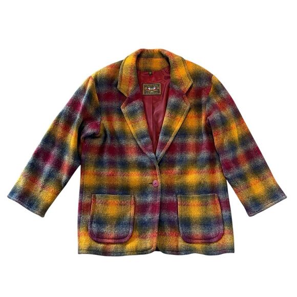 Vtg 80s French Country Express Wool Blend Rainbow Plaid Coat Union Made Sz L - Picture 1 of 7